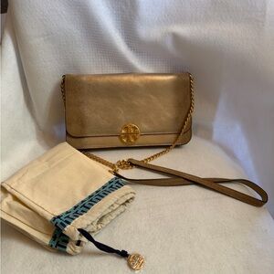 Tory Burch Gold Leather Crossbody Bag with Chain Strap